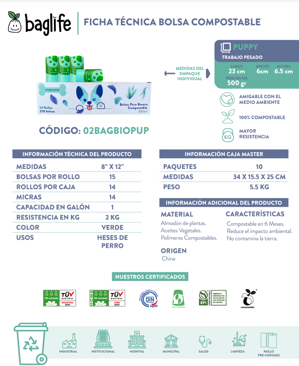 Bolsa en Rollo para Heces 100% Compostable 20x30 c/15 Bolsas