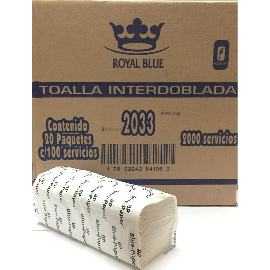Toalla Interdoblada Blanca Royal Blue x Caja c/20 paquetes (cada pte c/100)
